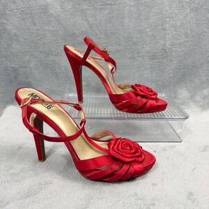 Mix No. 6 Womens 8.5 Red Satin Rosette T-Strap Stiletto Heel BOSA Coquette Boho